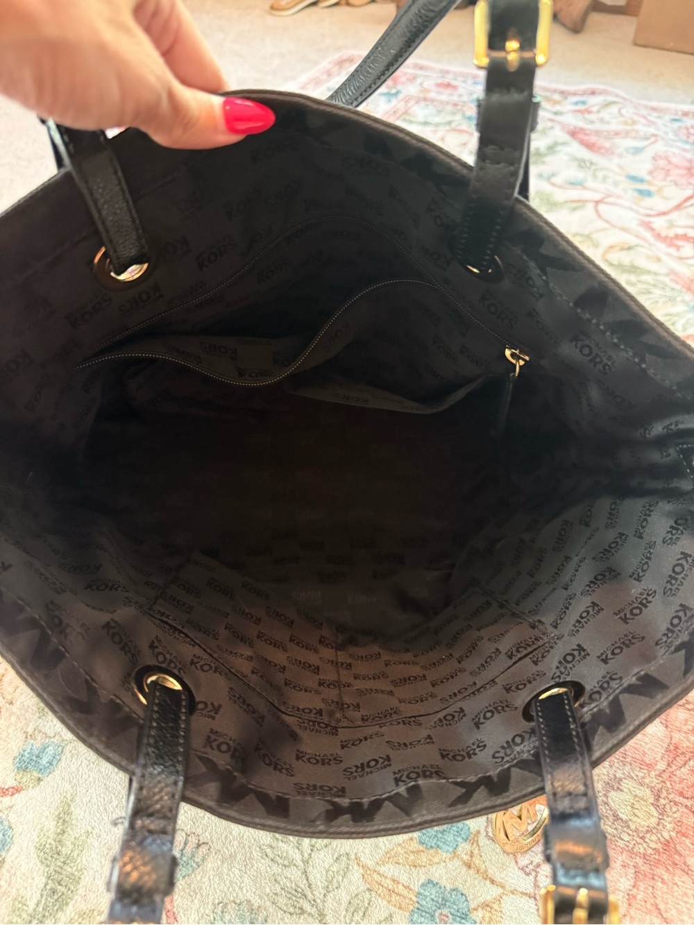 Michael Kors Black MK Monogram Tote with Gold Charm - Picture 2 of 7